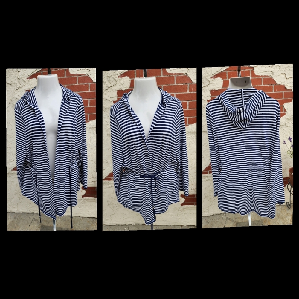 XXL women LIZ CLAIBORNE long sleeve knit stripe hooded jacket COTTON tie waist